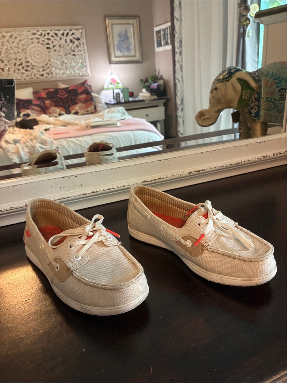 Sperry Cream Canvas Boat Shoes with Coral Accents
